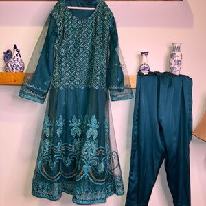 Teal Embroidered Anarkali Dress with Pants